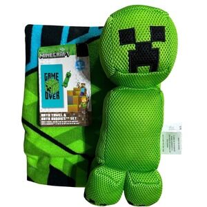 Minecraft Creeper Bath Towel and Bath Buddy Set Game Over Green Teal 2 Piece NEW